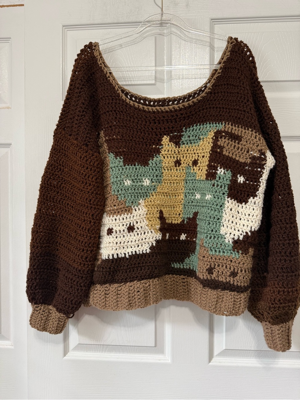 Handmade by my mom Crocheted Cat Sweater in Brown, Cream, Teal & Tan brand new - Picture 6 of 8